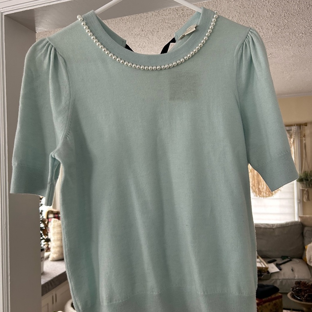 Kate Spade light blue short sleeve sweater with pearls size large new with tags